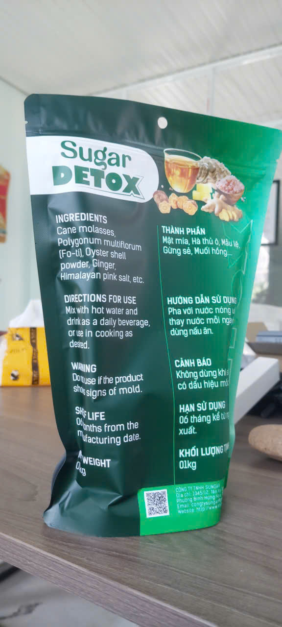 Mặt sau gói Sugar Detox với thông tin thành phần và cách dùng